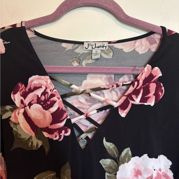 J for Justify Pink and Green Fit and Flare Dress with Bell Sleeves - Picture 3 of 6